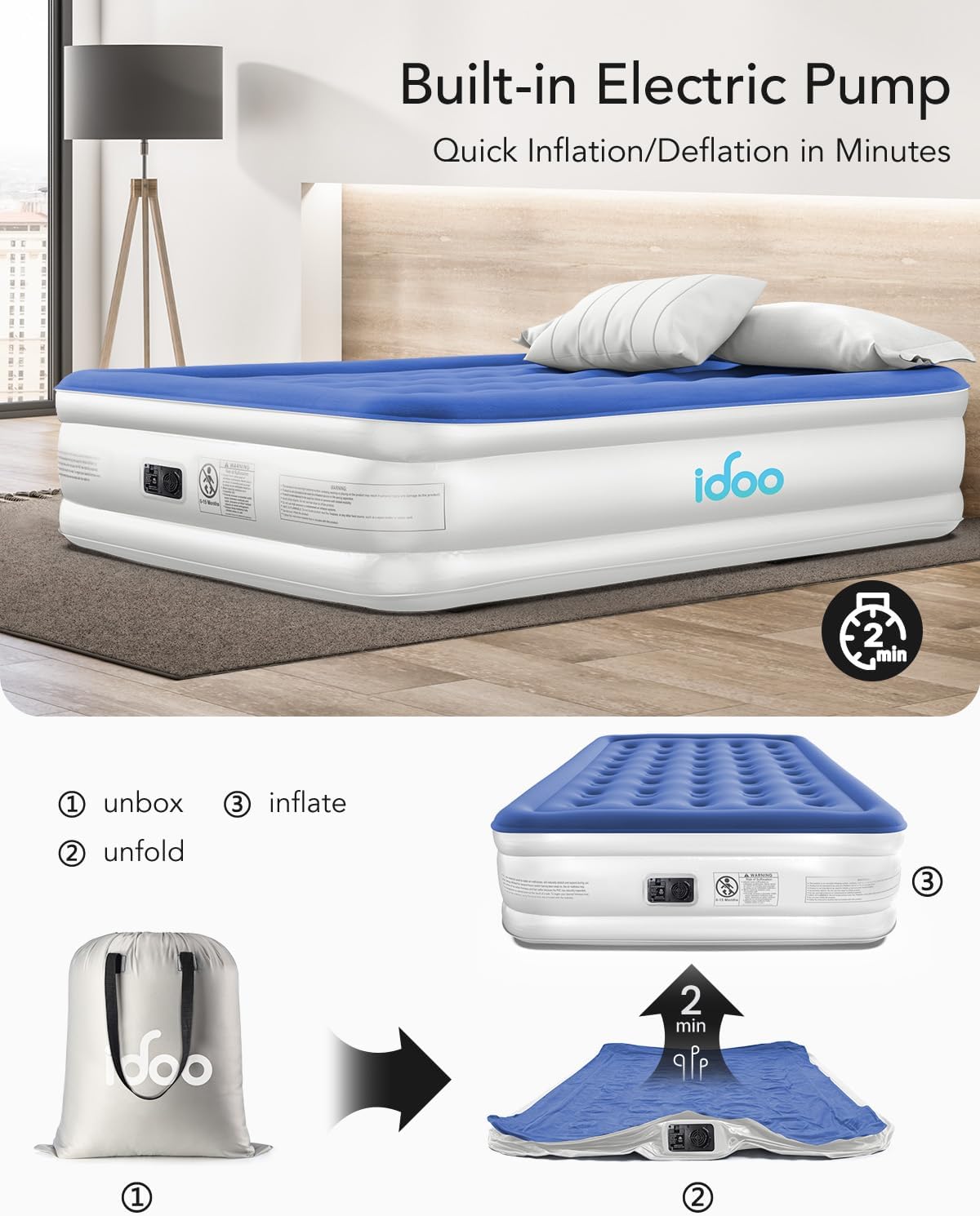 iDOO King Air Bed, Inflatable Mattress with Built-in Electric Pump