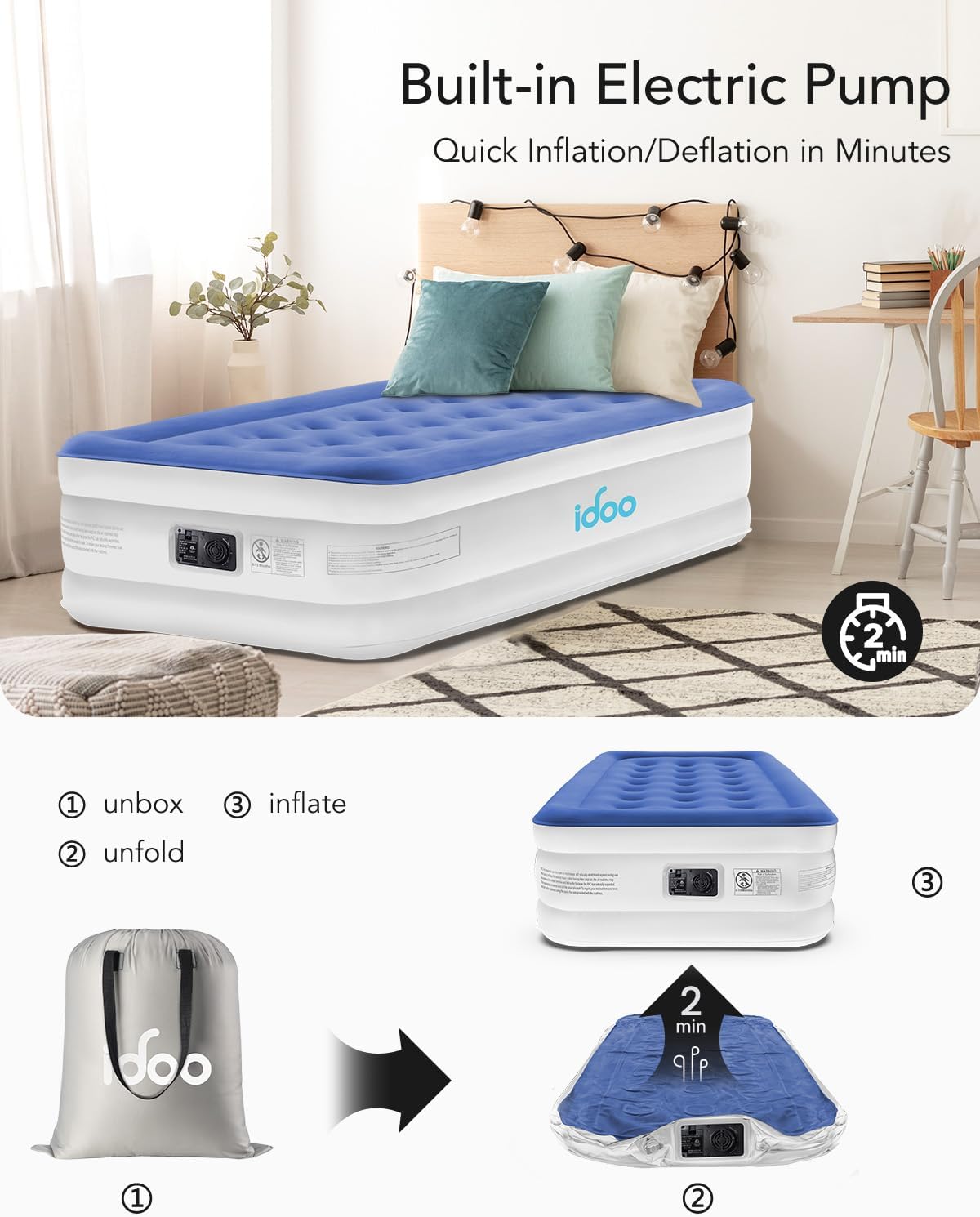 iDOO Single Air Bed, Inflatable Bed with Built-in Electric Pump