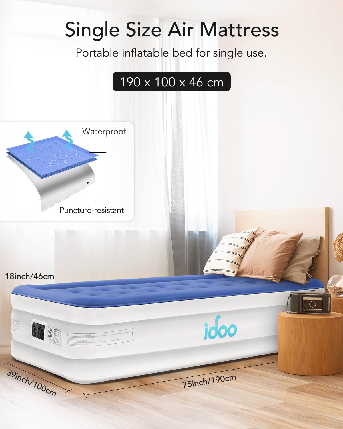 iDOO Single Air Bed, Inflatable Bed with Built-in Electric Pump