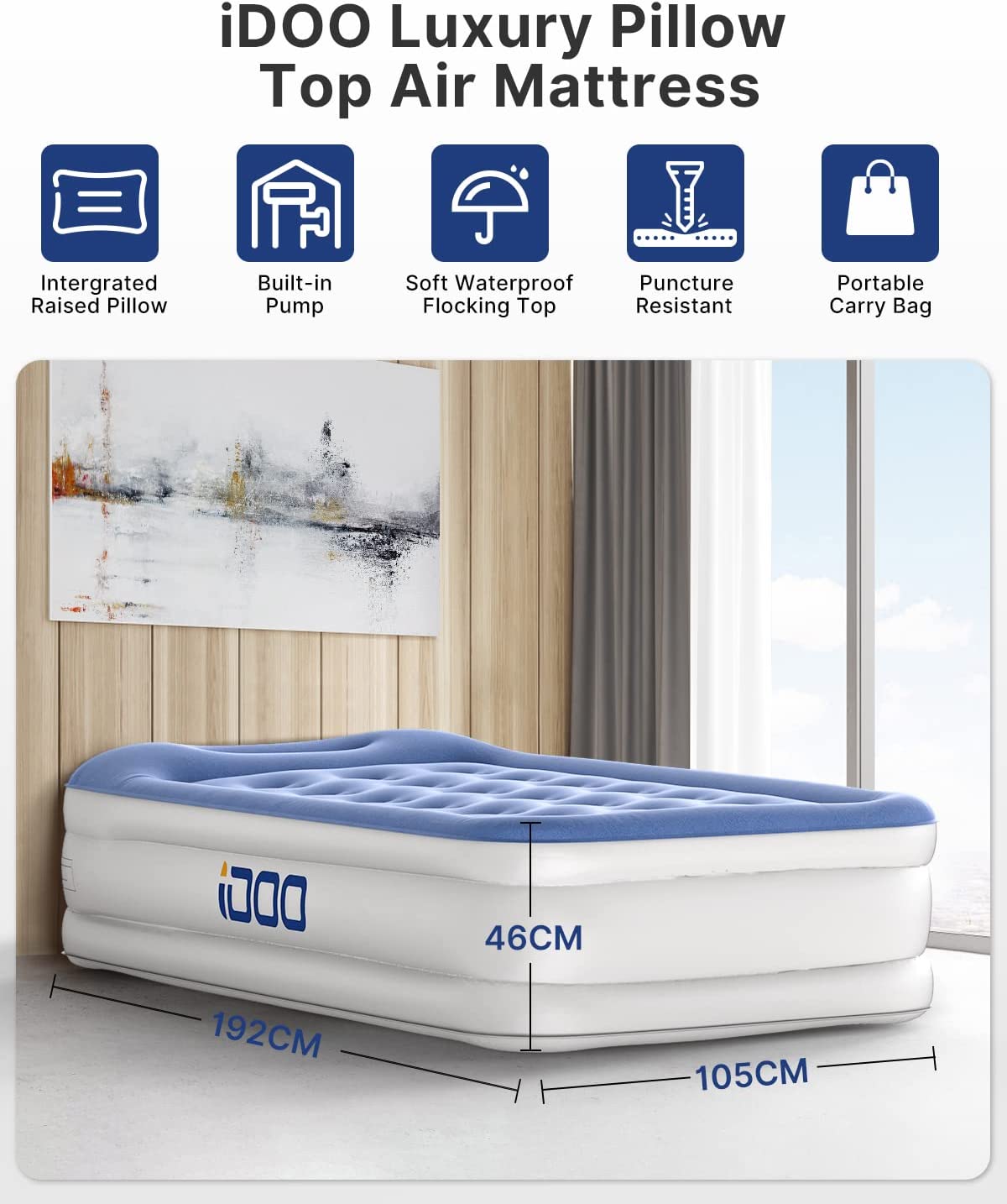 iDOO Single Size Air Bed with Built-in Electric Pump and Pillow