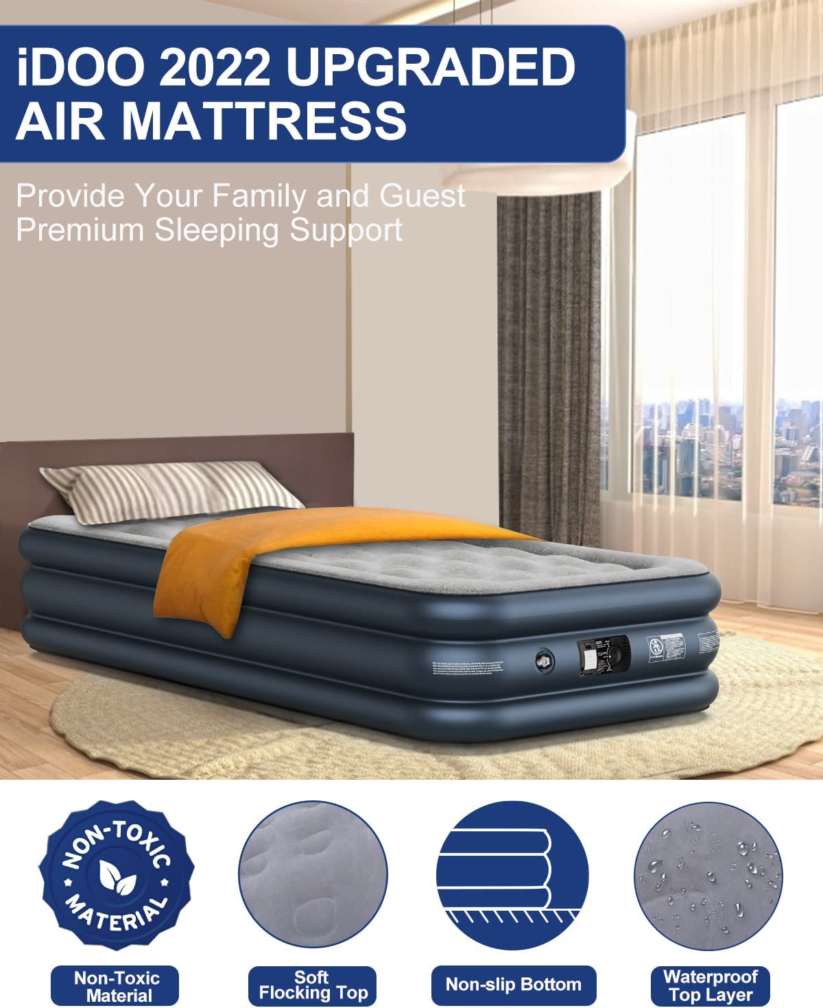iDOO Single Air Bed, Inflatable bed with Built-in Pump
